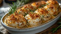 Baked stuffed mushrooms topped with crispy breadcrumbs, herbs and melted cheese in ceramic dish. Fresh rosemary garnish adds aromatic touch to appetizer.