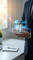 Businessman holding smartphone with holographic data analytics charts and graphs floating above screen in modern office environment for business intelligence.