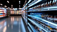 Empty refrigerated shelves in modern supermarket with blurred perspective view down aisle, showing retail storage equipment and fluorescent lighting in cool blue tones.