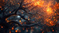 Magical glowing orange particles and sparkles floating around dark tree branches against night sky background, creating mystical forest atmosphere.