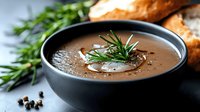 Rich creamy mushroom soup garnished with fresh rosemary in black bowl, served with crusty bread and herbs for cozy dining and restaurant menu photography.