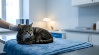 Tabby cat resting on blue towel in modern veterinary clinic examination room with medical equipment and soft lighting for pet healthcare concepts.