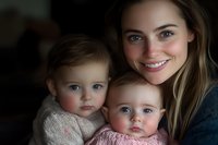 Young Caucasian mother with long brown hair and bright smile poses with two adorable toddler girls with striking blue eyes wearing knit sweaters in soft natural light.