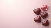 Heart shaped dark chocolate candies and pink bonbon with golden sparkles on soft pink background, romantic sweet dessert composition for Valentine's Day celebration.
