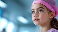 Young girl in pink medical cap looking up with hopeful expression against blurred hospital background, representing healthcare and pediatric care.