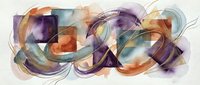 Abstract watercolor composition with flowing organic shapes in purple, orange and teal tones creating dynamic movement on textured paper background.