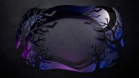 Dark mystical forest frame with bare twisted trees, flying bats and full moon creating spooky Halloween atmosphere for seasonal designs and horror themes.