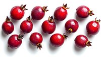 Fresh ripe pomegranate fruits arranged in rows on white background, bright red color with natural texture and brown stems, isolated for food design.