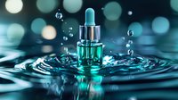 Cosmetic serum dropper bottle with water splash and ripples on turquoise background with bokeh lights. Luxury skincare and beauty product photography.