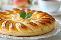 Freshly baked round braided bread with golden crust and basil leaf garnish on white plate, close up view of homemade sweet pastry for breakfast or dessert.