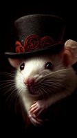 Adorable white rat wearing elegant black top hat with red decorative band against dark background for fantasy and whimsical design projects.