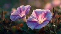 Delicate morning glory flowers in pink and purple hues bloom against blurred natural background, creating dreamy garden atmosphere.