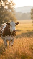Brown and white cow standing in a golden meadow at sunrise, with misty trees and hills in the soft background.