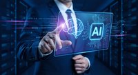 Professional businessman in suit touching holographic AI interface with brain and circuit patterns on futuristic digital technology background for business innovation.