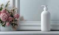 White blank cosmetic pump bottle mockup with pink hydrangea bouquet on vintage windowsill against light wall, minimal elegant bathroom decor.