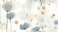 Delicate dandelion silhouettes in soft blue and gold tones create dreamy floral pattern. Abstract watercolor style botanical composition on light background.