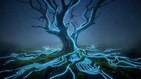 Mystical glowing tree with luminous blue roots spreading across dark landscape under starry night sky creating magical fantasy atmosphere for digital art projects.