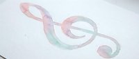 Watercolor treble clef musical symbol in soft pink and green tones on white paper background for music education and artistic projects.