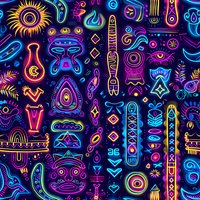 Vibrant neon tribal pattern with mystical symbols, masks and totems on dark background creates seamless repeat design for fabric and wallpaper projects.