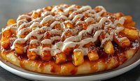 Crispy golden french fries topped with melted cheese sauce and drizzled with creamy white sauce on round pizza crust, served on white plate. Close up food photography.