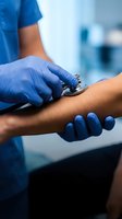 Healthcare professional using stethoscope to examine patient arm in modern medical facility for diagnostic assessment and routine checkup.