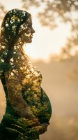 Pregnant woman silhouette with double exposure nature overlay at golden hour sunset creating artistic maternity portrait for wellness and motherhood concepts.