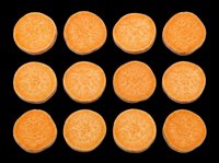 Twelve round golden biscuits arranged in a grid pattern, isolated on transparent background. Ready for clipart, print-on-demand, sublimation, t-shirt designs, stickers, and digital crafts.