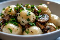 Fresh potato gnocchi with sauteed mushrooms and chopped parsley in ceramic bowl, close up view of traditional Italian cuisine dish garnished with herbs.