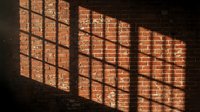 Sunlight casting geometric window shadows across rustic red brick wall surface, creating dramatic light and dark contrast patterns for architectural and interior design projects.
