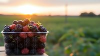 Fresh mixed berries in container at sunset with farm field background for healthy eating and organic food concepts.