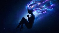 Silhouette of contemplative person sitting under cosmic nebula with flowing energy streams in starry night sky for meditation and spiritual concepts.