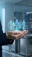 Businessman hands holding holographic human figures with digital connections in modern office representing HR management and team leadership concepts.
