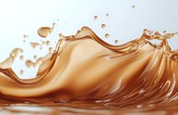Dynamic caramel liquid splash with smooth waves and droplets against white background, creating flowing motion effect for food and beverage advertising.