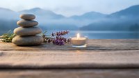 Zen spa composition with balanced stone stack, lit candle and lavender flowers on wooden surface against serene mountain lake backdrop for wellness meditation.