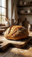 Freshly baked artisan sourdough loaf with golden crust on a rustic wooden cutting board in a warm cozy kitchen setting.