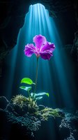 Vibrant purple iris flower blooming in dark cave illuminated by mystical blue light rays streaming through opening, growing from moss-covered rocks in ethereal setting.