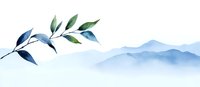 Watercolor mountain landscape with green branch, misty blue hills silhouettes in minimalist Asian style. Decorative element for wall art and stationery design.