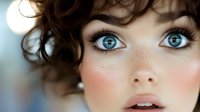 Close up portrait of young woman with bright blue eyes, curly brown hair, natural makeup and rosy cheeks looking directly at camera with parted lips.