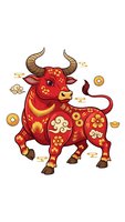 Red bull with golden ornamental patterns and coins isolated on white background for Chinese New Year celebration and zodiac designs.