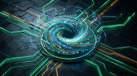 Digital spiral vortex with glowing circuit patterns and neon lights on dark tech background for futuristic design projects.