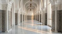 Elegant white marble corridor with ornate Islamic arches, decorative columns and geometric patterns creating luxurious architectural interior space.