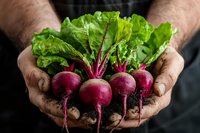 Fresh organic beetroots with green leaves held in dirty farmer hands against dark background, showing farm to table concept and sustainable agriculture.