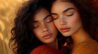Two young women with closed eyes embracing intimately in warm golden sunlight, showcasing natural beauty and peaceful connection for wellness and lifestyle content.