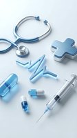 Blue and silver medical icons including stethoscope, cross, heartbeat line, capsules, and syringe arranged on a white background for healthcare design.