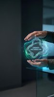 Hands protecting glowing energy metabolism hologram with digital interface elements for healthcare and wellness technology presentations.