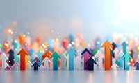 Colorful arrow icons pointing upward in various directions with bokeh light background representing growth, success and business progress concepts.