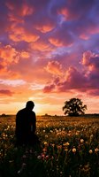 Silhouetted male figure standing in wildflower meadow at sunset with dramatic orange and purple sky, solitary tree on horizon, contemplative mood for editorial and lifestyle use.
