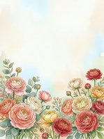 Watercolor ranunculus flowers border frame with soft pastel background for wedding invitations, greeting cards and romantic design projects.