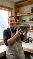 Middle-aged male artisan, Caucasian, wearing canvas apron, proudly displaying handcrafted ceramic bowl in studio workshop with wooden shelving and natural light from window.