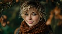Young blonde woman wearing cozy brown knitted scarf with warm autumn lighting and bokeh background for seasonal fashion and lifestyle content.